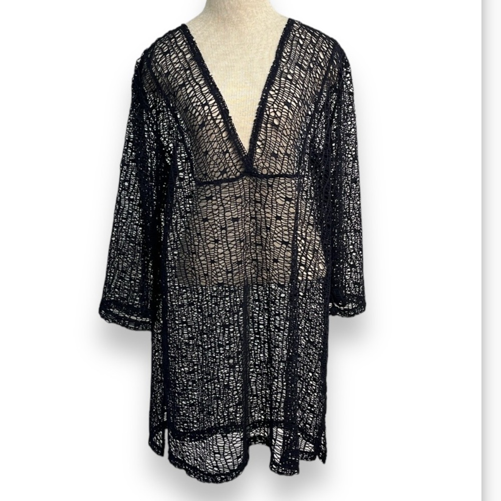 J Valdi Womens Swimsuit Cover Up Dress Mesh Sheer Open Knit Navy Blue Size XL